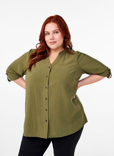 Zizzifashion Viscose shirt blouse with 3/4 sleeves, Winter Moss, Model image number 0