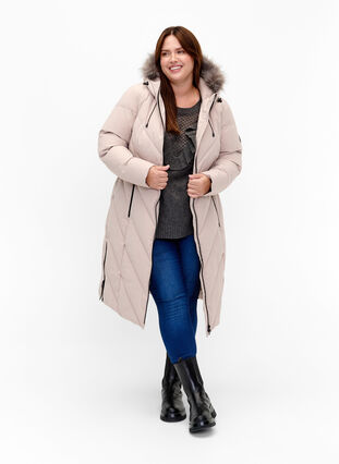 Zizzifashion Long winter jacket with hood and faux fur collar, Simply Taupe, Model image number 2