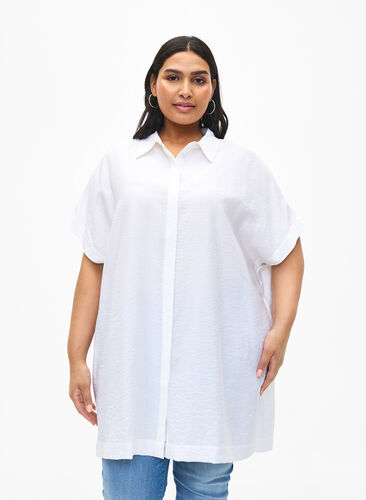 Long viscose shirt with short sleeves, Bright White, Model image number 0