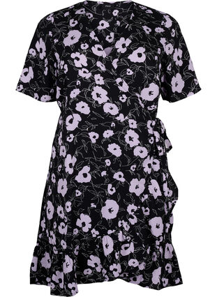 Zizzifashion Printed wrap dress with short sleeves, Black Flower AOP, Packshot image number 0