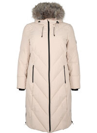 Long winter coat with hook fastenings and a faux fur collar