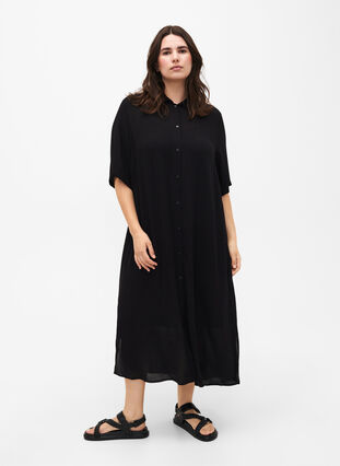 Zizzifashion Viscose shirt dress with short sleeves, Black, Model image number 0