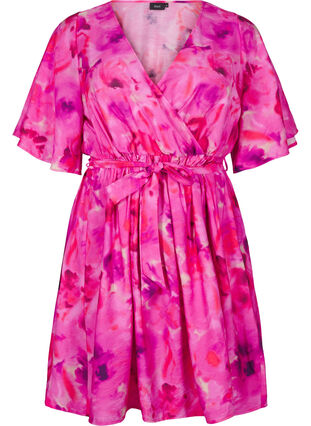 Zizzifashion Knee-length dress with floral print and wrap look, Pink Rose AOP, Packshot image number 0