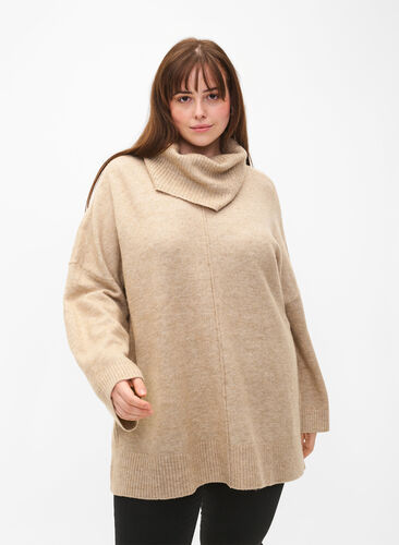 Zizzifashion Melange knit sweater with turtleneck, Simply Taupe Mel., Model image number 0