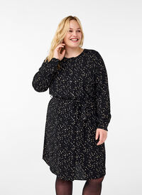 Long-sleeved dress with tie string, Black w. Dot AOP, Model