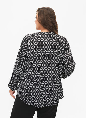 Zizzifashion Shirt blouse with v-neck and print, Black Graphic AOP, Model image number 1