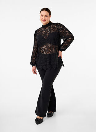 Zizzifashion Lace blouse with bow detail, Black, Model image number 2