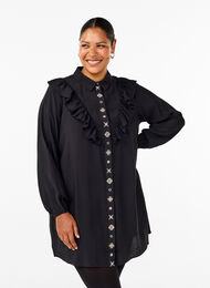 Shirt dress with ruffles and embroidery, Black, Model