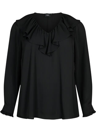 Zizzifashion Long sleeve ruffle blouse, Black, Packshot image number 0