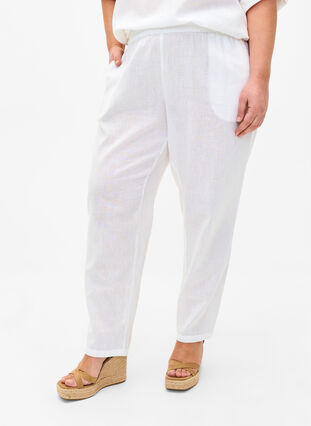 Zizzifashion Plain cotton trousers with linen, Bright White, Model image number 2