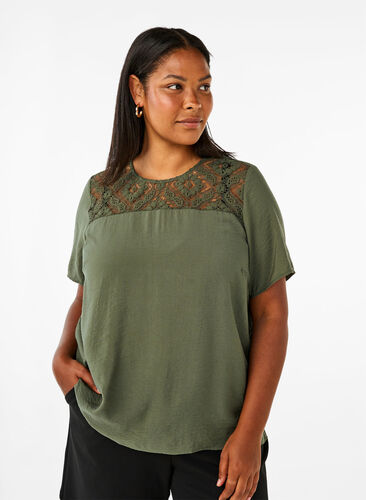 Zizzifashion Short-sleeved viscose blouse with lace detail, Thyme, Model image number 0