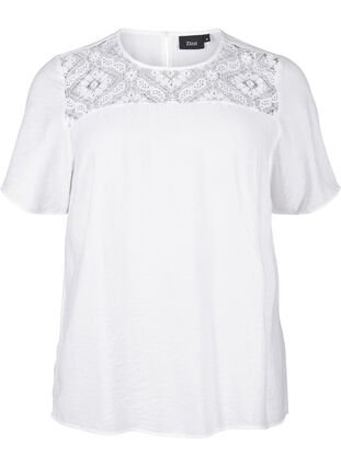 Zizzifashion Short-sleeved viscose blouse with lace detail, Bright White, Packshot image number 0