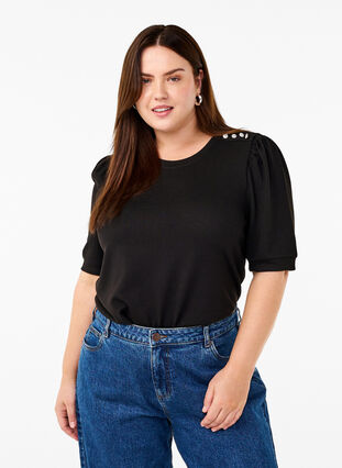 Zizzifashion Blouse with button detail and short puff sleeves, Black, Model image number 0