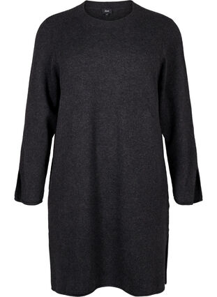 Zizzifashion Knitted dress with a round neck and slit, Dark Grey Melange, Packshot image number 0