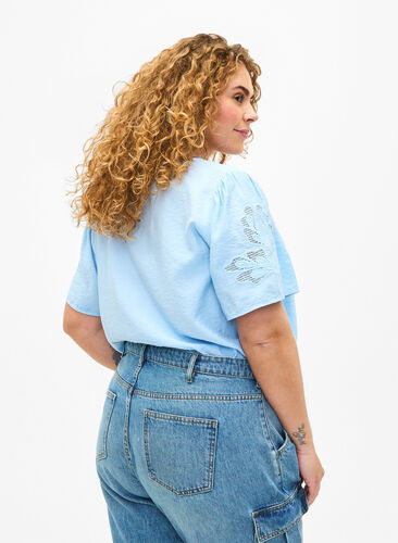 Zizzifashion Short sleeve viscose blouse with embroidery, Chambray Blue, Model image number 1