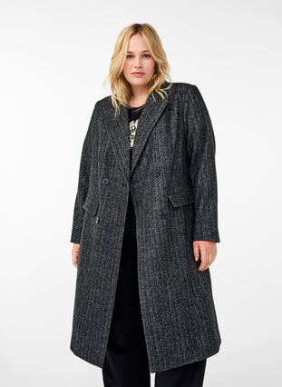 Zizzifashion Long wool coat with herringbone pattern, Dark Grey Melange, Model image number 0