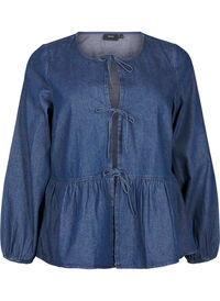 Peplum blouse in denim with a tie fastening