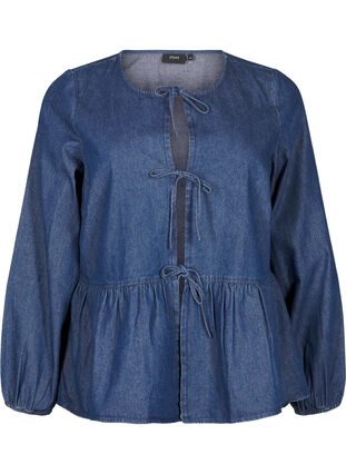 Zizzifashion Peplum blouse in denim with a tie fastening, Dark Blue Denim, Packshot image number 0