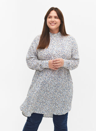 Zizzifashion Dotted viscose dress with buttons, Blue Dot AOP, Model image number 0