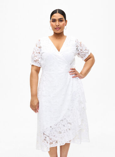 Zizzifashion Wrap dress with lace and short sleeves, Bright White, Model image number 0