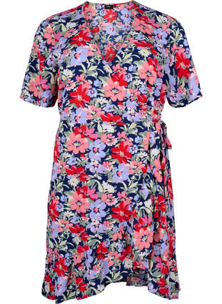 Zizzifashion Printed wrap dress with short sleeves, Multi Big Flower AOP, Packshot image number 0