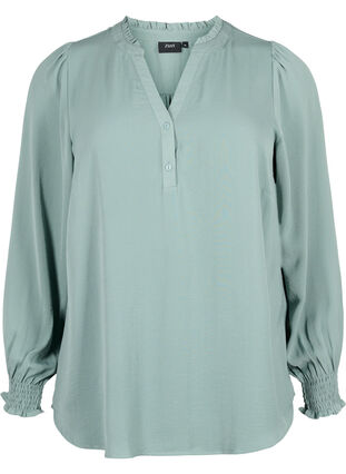 Zizzifashion Blouse with smock and v-neckline, Chinois Green, Packshot image number 0