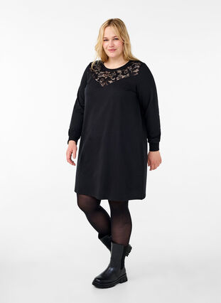 Zizzifashion Short sweat dress with lace detail, Black, Model image number 2