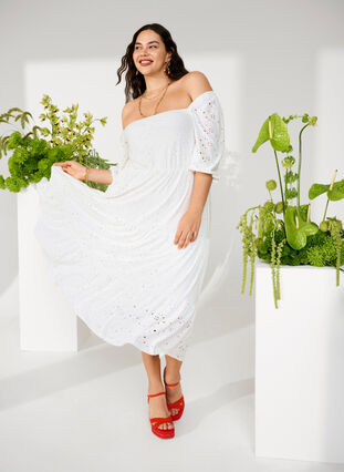 Zizzifashion Maxi dress with lace pattern and a square neckline, Bright White, Image image number 0