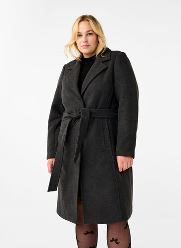 Zizzifashion Long wool coat with belt, Dark Grey Melange, Model image number 0