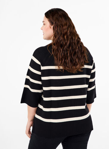 Zizzifashion 3/4 sleeve knitted blouse with stripes, Black Birch Stripes, Model image number 1