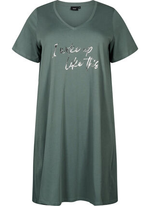 Zizzifashion Organic cotton nightdress with V-neck, Balsam Green Woke, Packshot image number 0