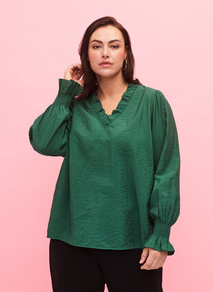 Zizzifashion Long-sleeved viscose blouse with ruffle details, Hunter Green, Model image number 0