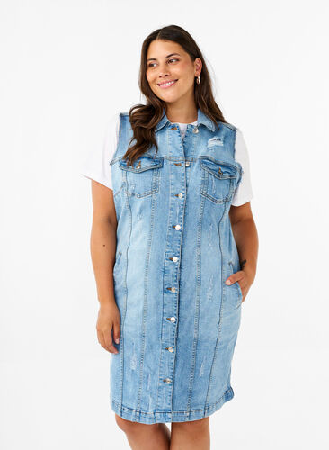 Zizzifashion Sleeveless denim dress with raw edge details, Light Blue Denim, Model image number 0