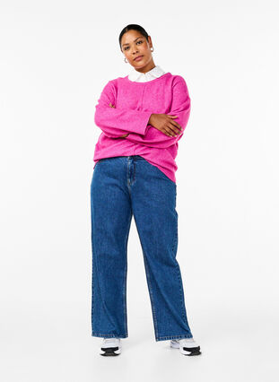 Zizzifashion Knitted blouse with a round neck and center seam, Fuchsia Red Mel., Model image number 2