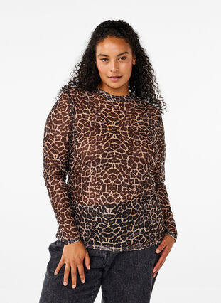 Zizzifashion Mesh blouse with leopard pattern, LEO AOP, Model image number 0