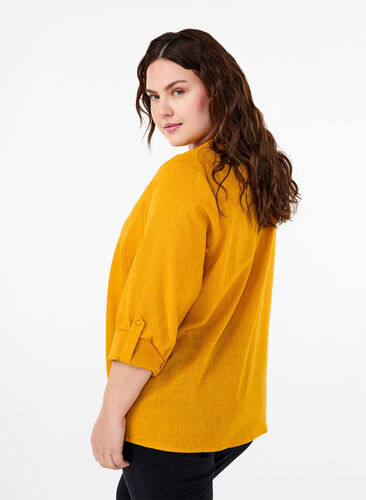 Zizzifashion Cotton shirt blouse with v-neck, Golden Yellow, Model image number 1