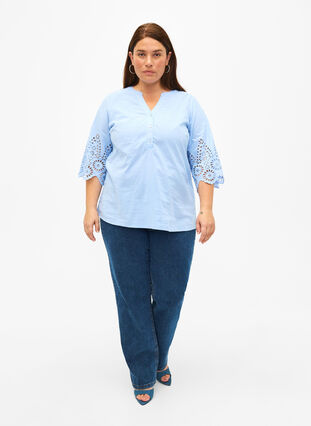 Zizzifashion Shirt blouse with broderie anglaise and 3/4 sleeves, Serenity, Model image number 2