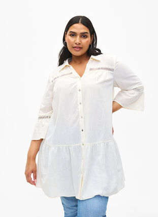 Zizzifashion Organic cotton tunic with feminine details, Antique White, Model image number 0