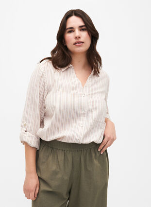 Zizzifashion Shirt blouse with button closure in cotton-linen blend, Sandshell White, Model image number 0
