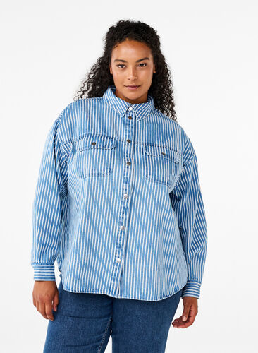 Zizzifashion Solid-colored denim shirt with chest pockets, Light B.Denim Stripe, Model image number 0