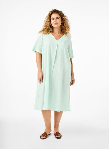 Zizzifashion Cotton blend kaftan dress with linen, Brook Green, Model image number 0