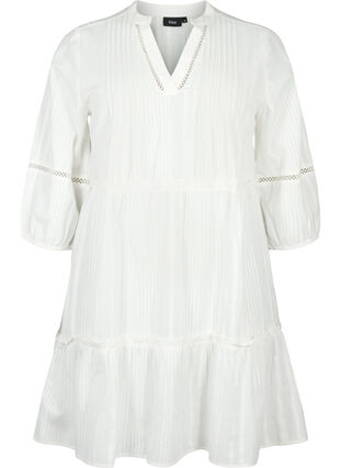 Zizzifashion 3/4 sleeve cotton dress with ruffles, Bright White, Packshot image number 0