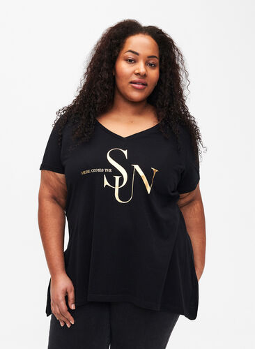 Zizzifashion Cotton t-shirt with short sleeves, Black W. Sun, Model image number 0