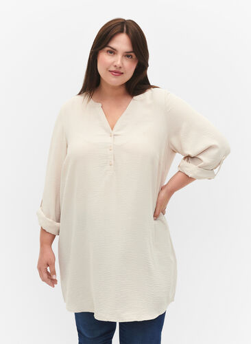 Zizzifashion Solid color tunic with v-neck and buttons, Warm Off-white, Model image number 0