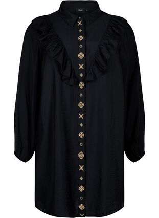 Zizzifashion Shirt dress with ruffles and embroidery, Black, Packshot image number 0