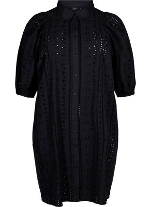 Zizzifashion Cotton shirt dress with broderie anglaise, Black, Packshot image number 0