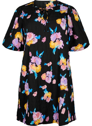 Zizzifashion Dress with short puff sleeves and floral print, Black w. flower AOP, Packshot image number 0