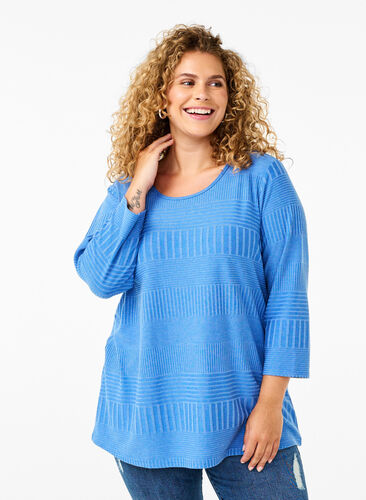 Zizzifashion Blouse with 3/4 sleeves and striped pattern, Princess Blue Mel., Model image number 0