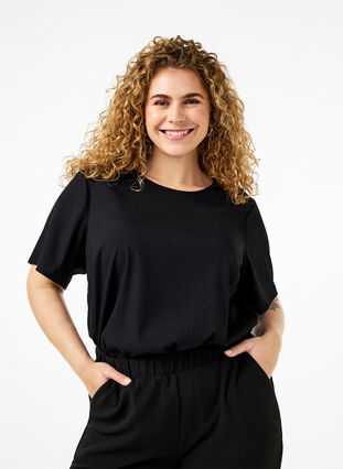 Zizzifashion Short-sleeved viscose blouse with ties, Black, Model image number 0