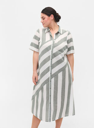 Zizzifashion Short-sleeved cotton shirt dress with stripes, Thyme Stripe, Model image number 0